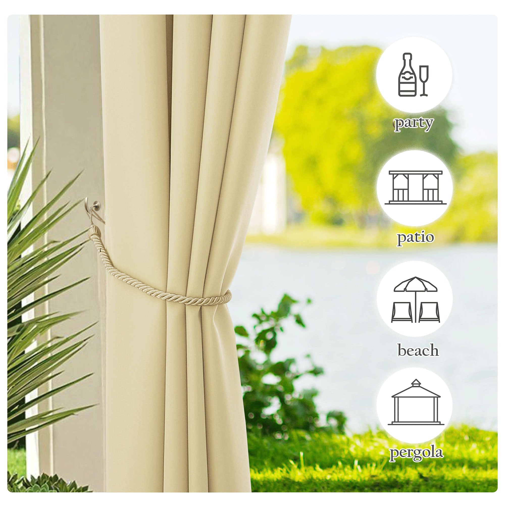 Beige waterproof canvas outdoor curtain held by a rope tieback, perfect for patio, party, beach, or pergola.
