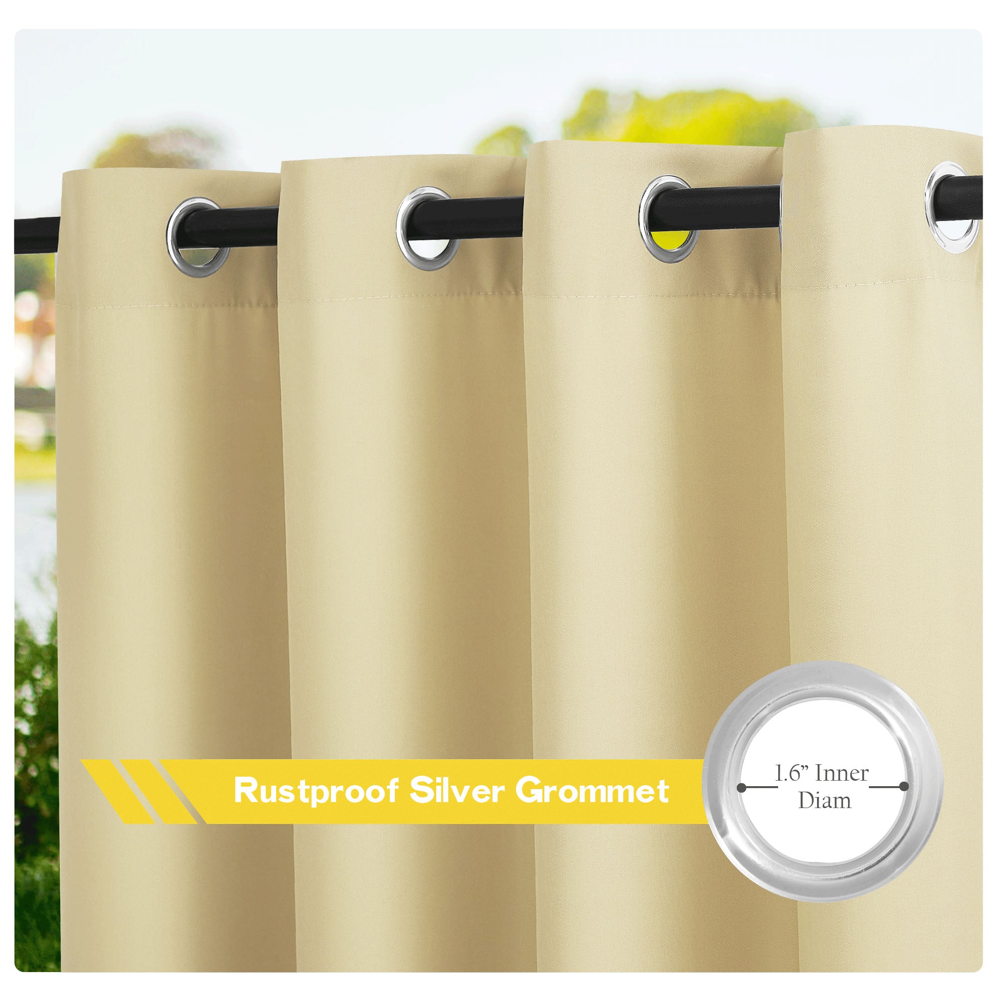 Close-up of beige waterproof outdoor curtains with rustproof silver grommets (1.6" inner diameter) on a black rod.