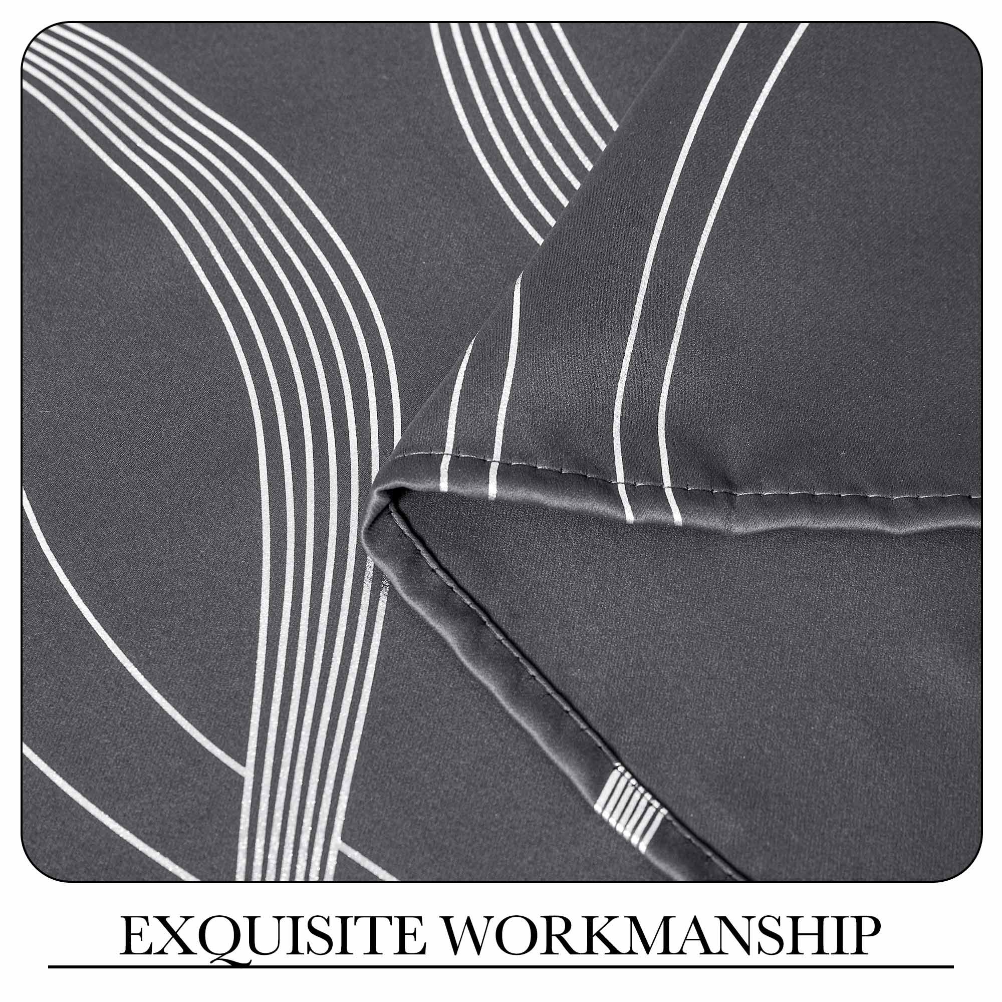 Close-up of grey wave line blackout curtain fabric, highlighting precise stitching and a neatly folded hem.
