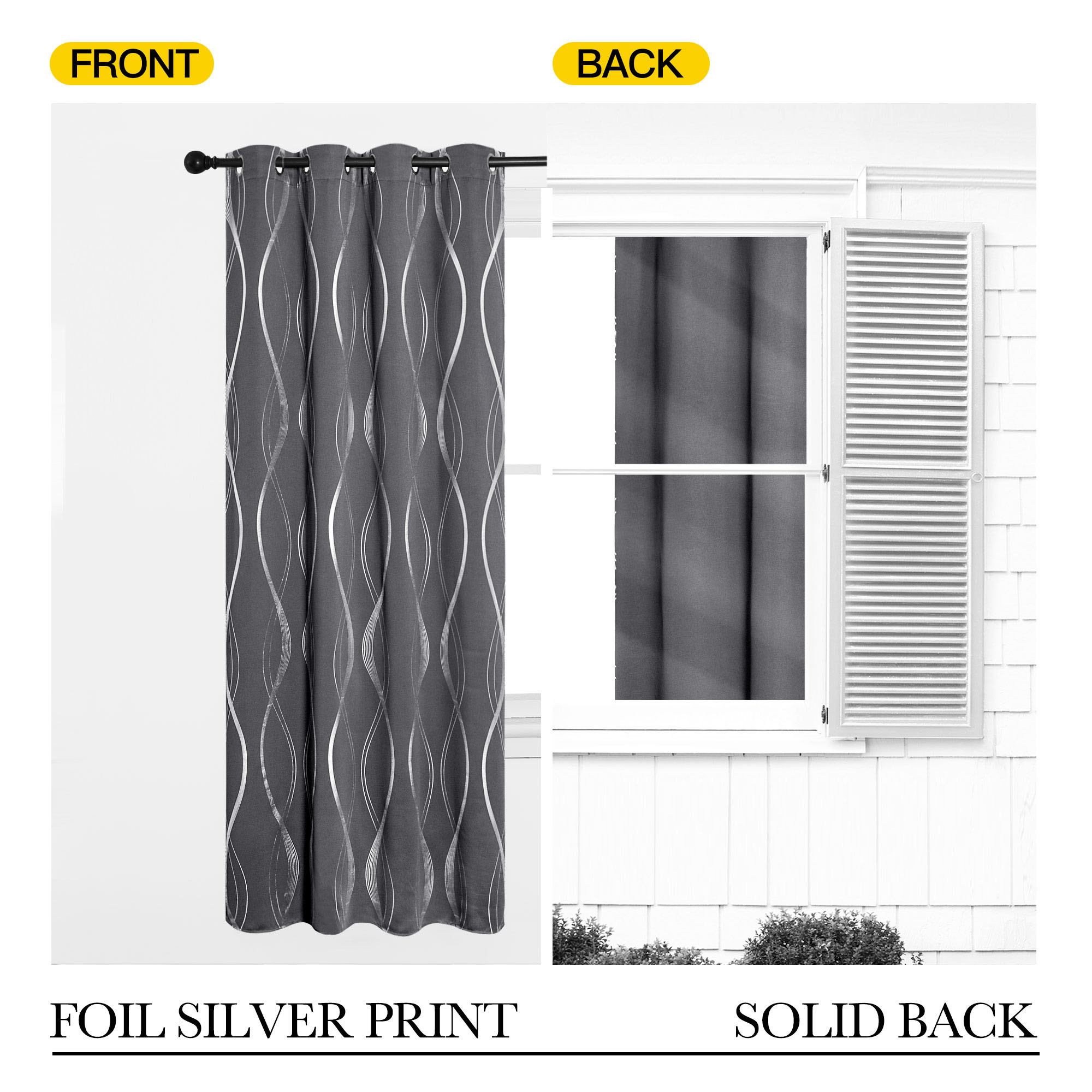 Front of grey wave line blackout curtain with foil silver print; back view showing solid grey blackout lining.