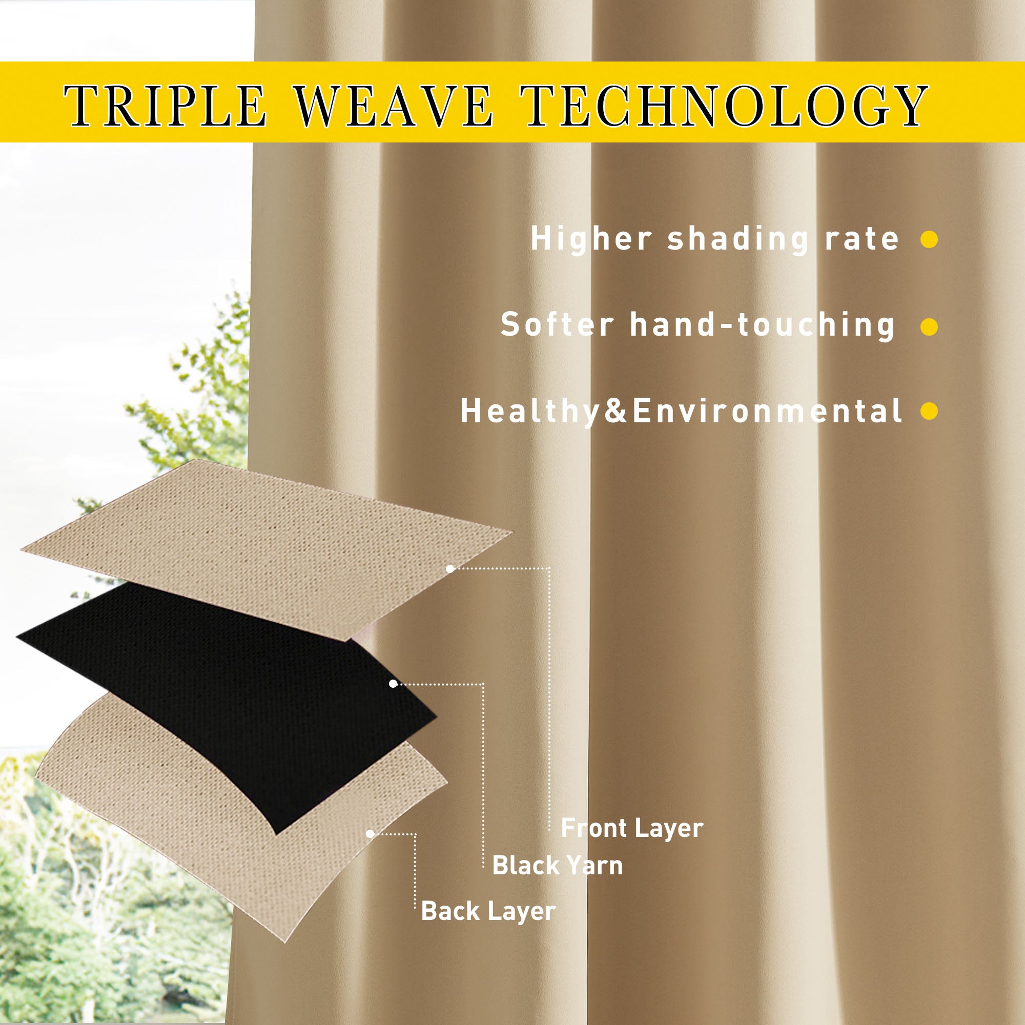 Diagram of outdoor blackout curtain fabric showing triple weave technology with tan front, black yarn, and tan back layers for high shading.
