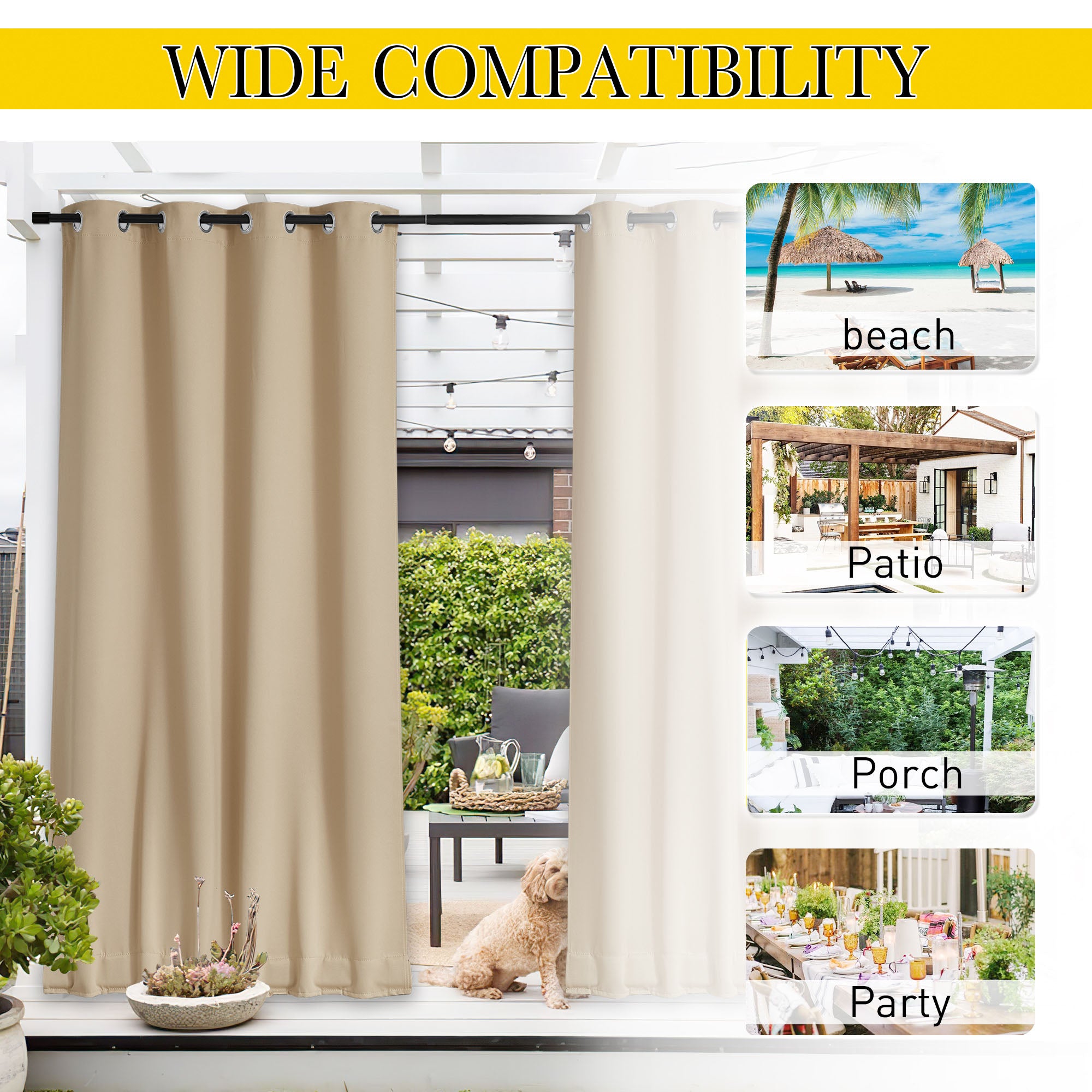 Waterproof beige blackout outdoor curtains on a patio, with inset images showing compatibility for beach, patio, porch, and party settings.