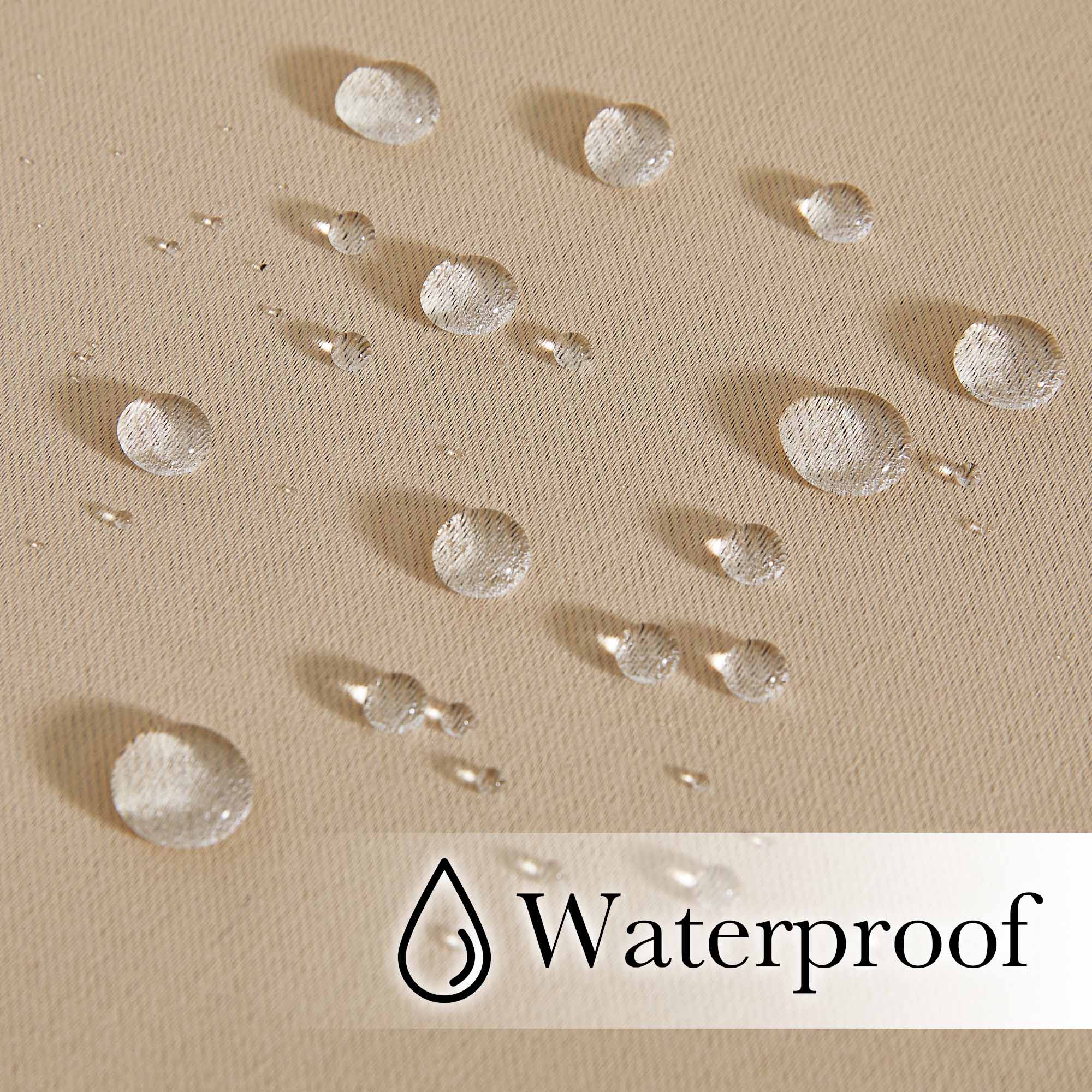 Water droplets beading on the tan waterproof outdoor curtain fabric, highlighting its excellent water resistance for patios.