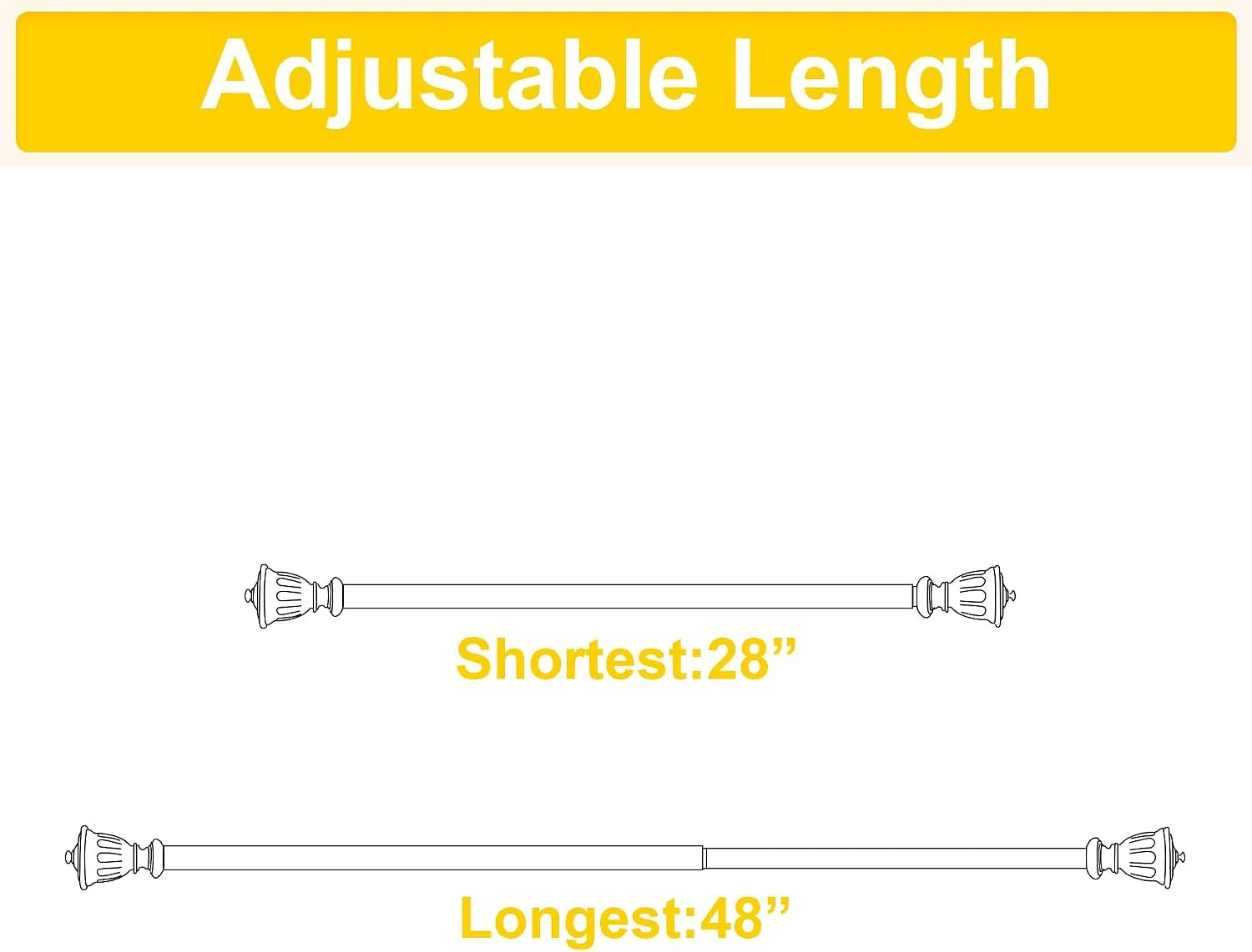 Adjustable curtain rod diagram showing shortest 28 inches and longest 48 inches