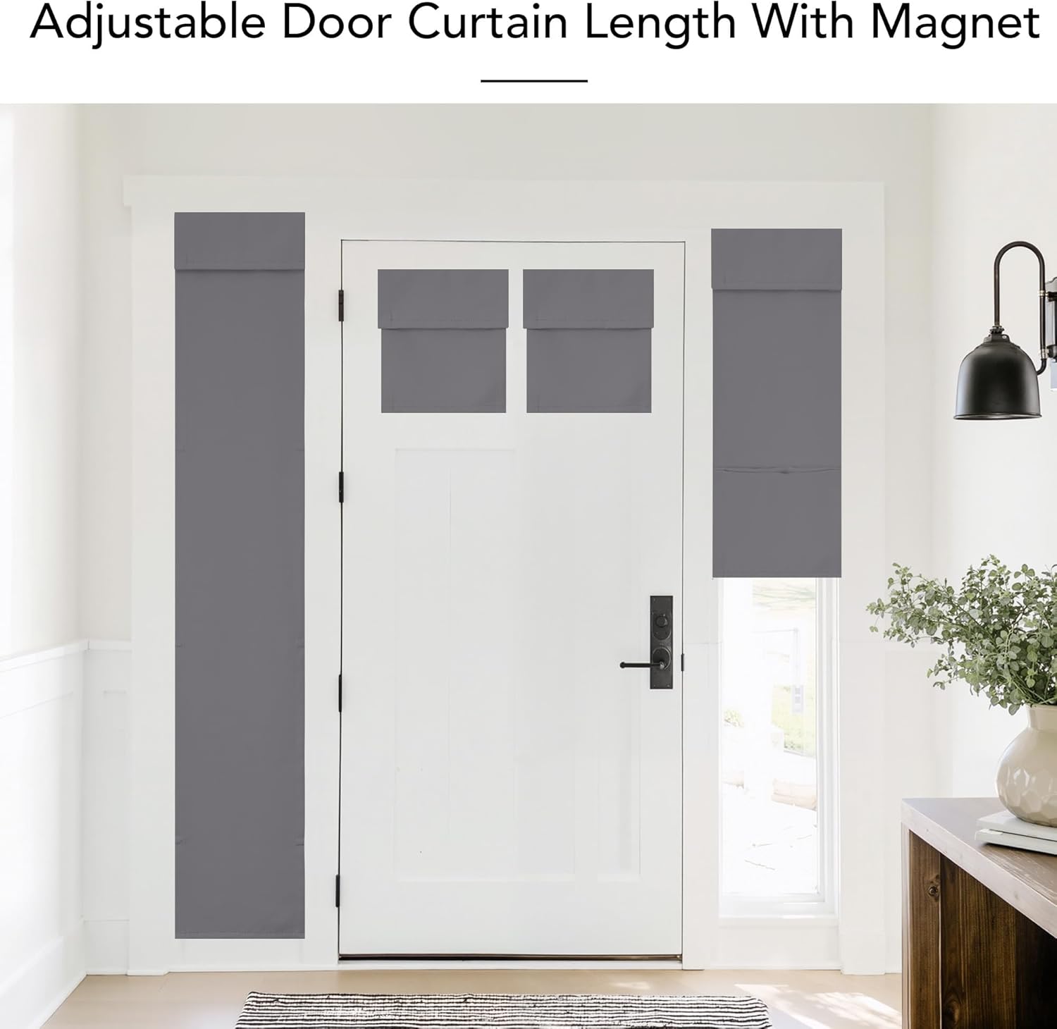 Adjustable gray magnetic privacy shades on modern white front door and sidelight windows.