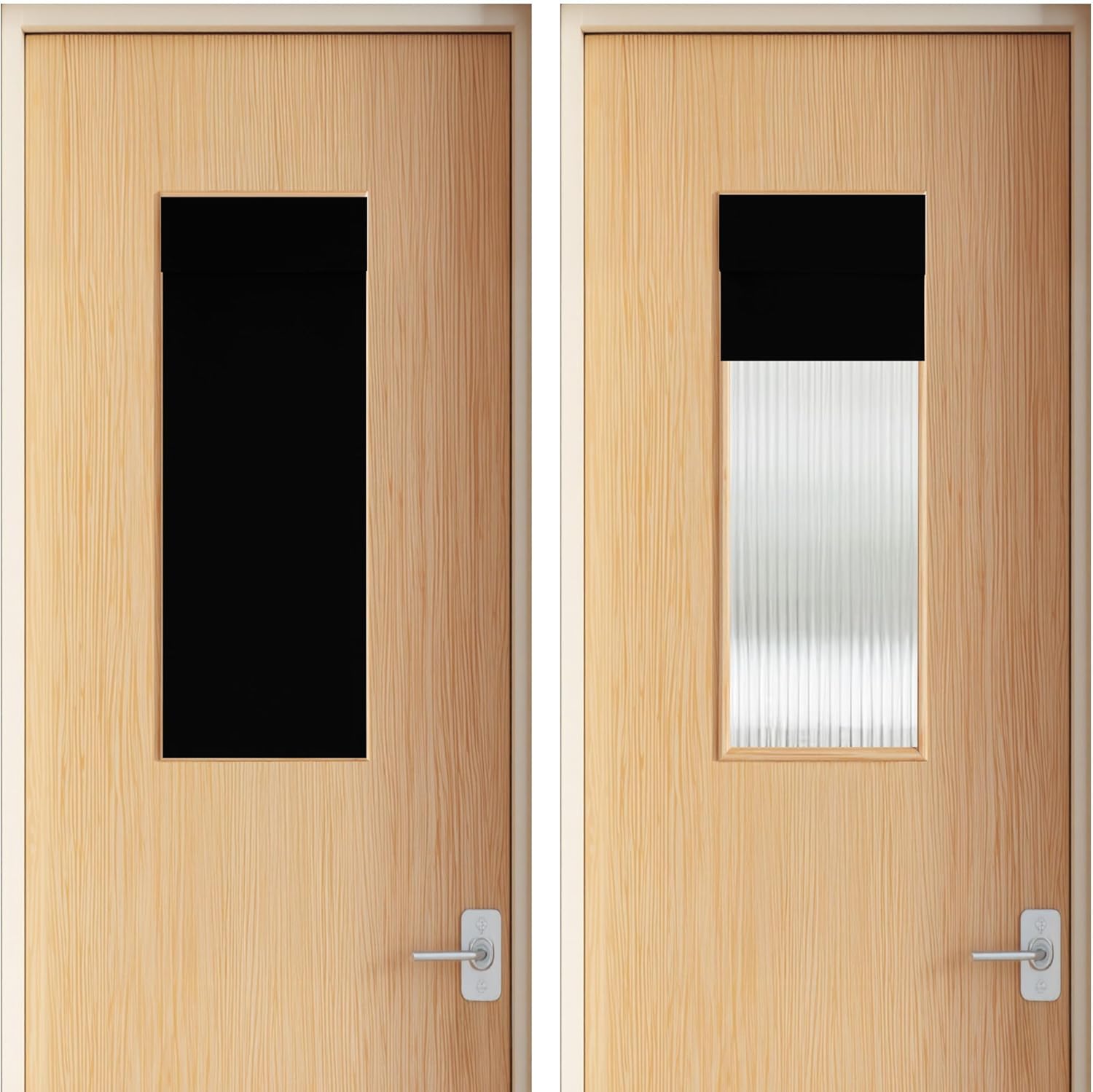 Adjustable privacy vision panel with ribbed glass in a light wood door, shown closed and partially open.