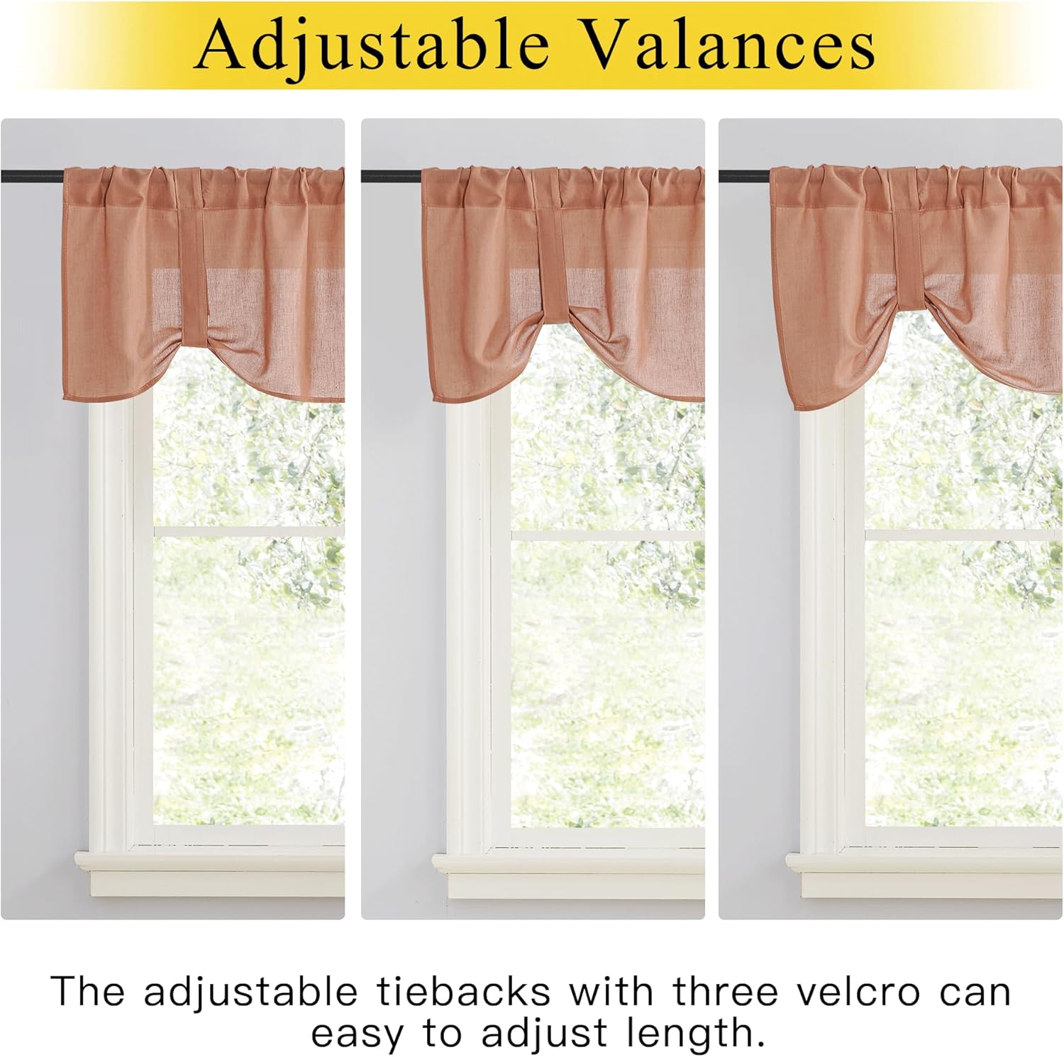 Three rust-colored linen-look window valances with adjustable tie-up lengths, showcasing different styling options over windows.