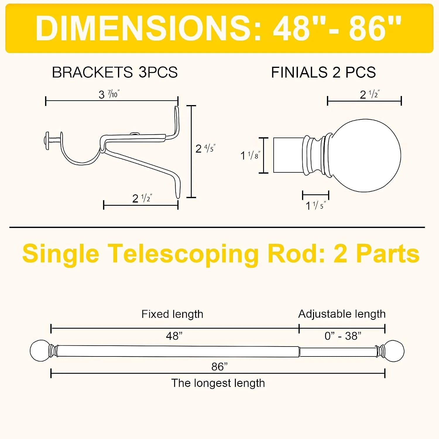 Curtain rod dimensions chart showing 48 to 86 inch telescoping rod, brackets, and finials