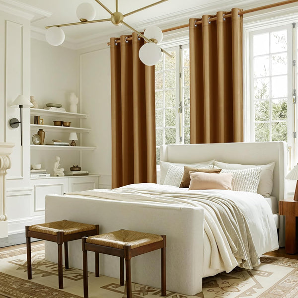 Warm amber brown grommet top curtains with an elegant drape hanging over large bedroom windows.