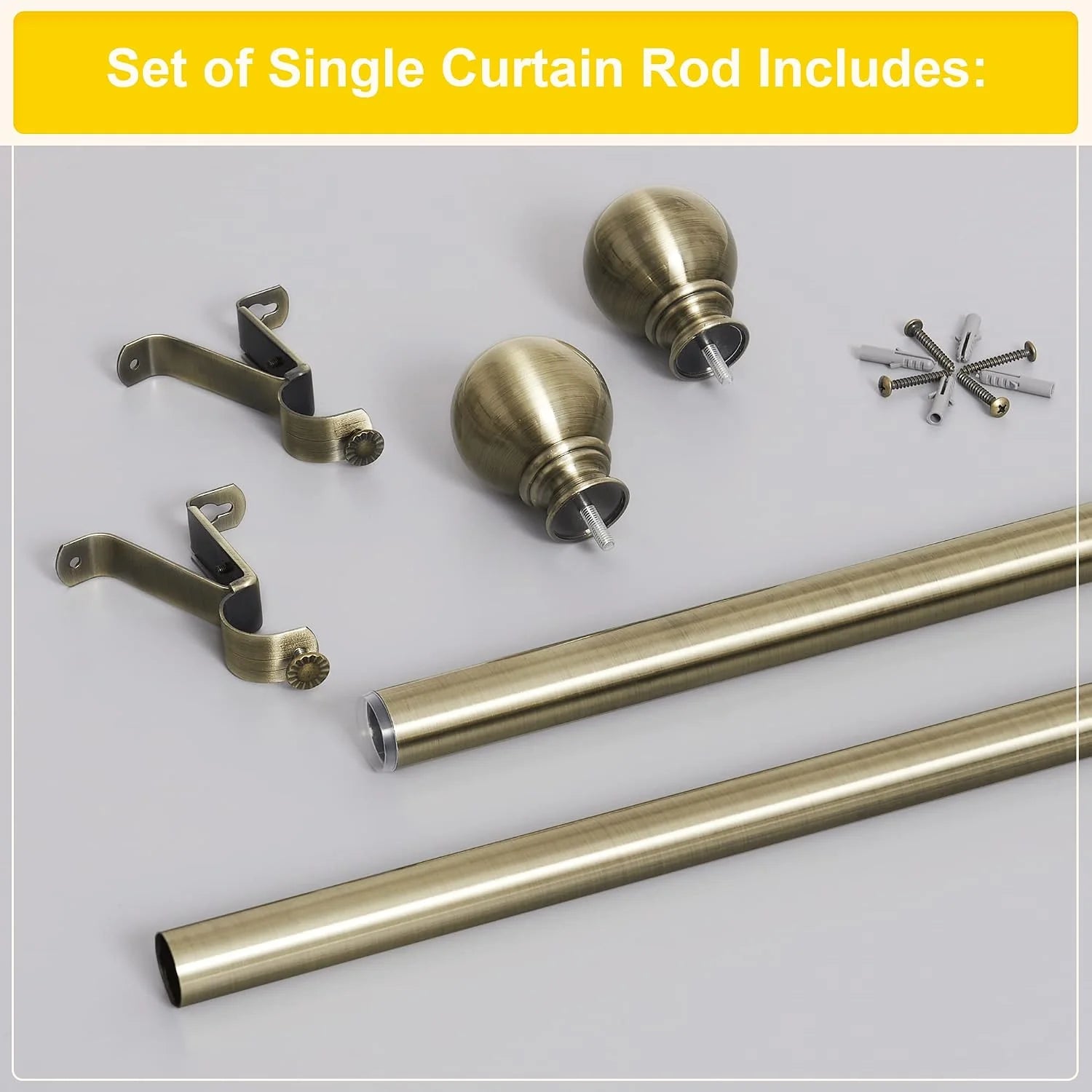 Antique brass single curtain rod set with finials, brackets, screws, and wall anchors