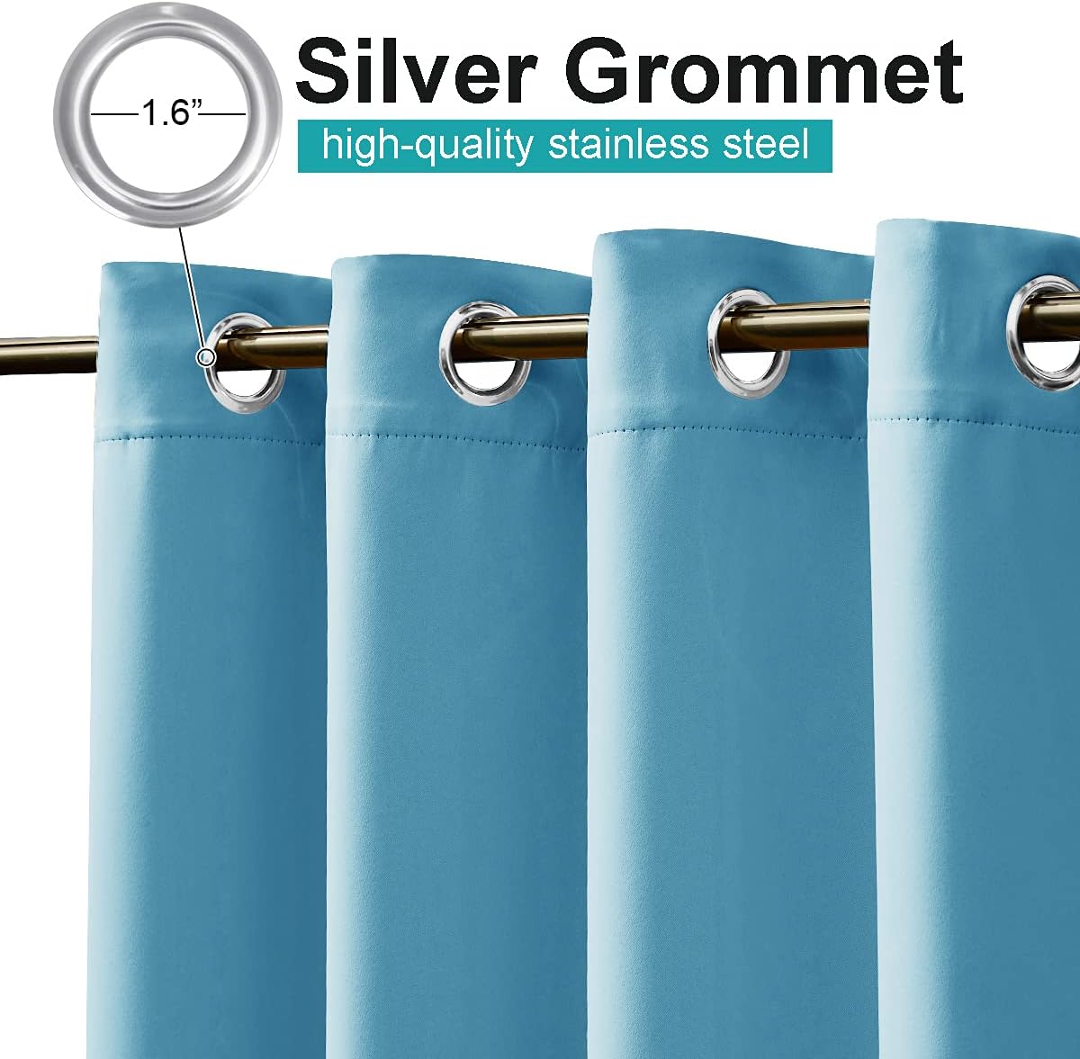 Aqua blue curtains with visible 1.6-inch silver stainless steel grommet tops, hanging on a golden rod.