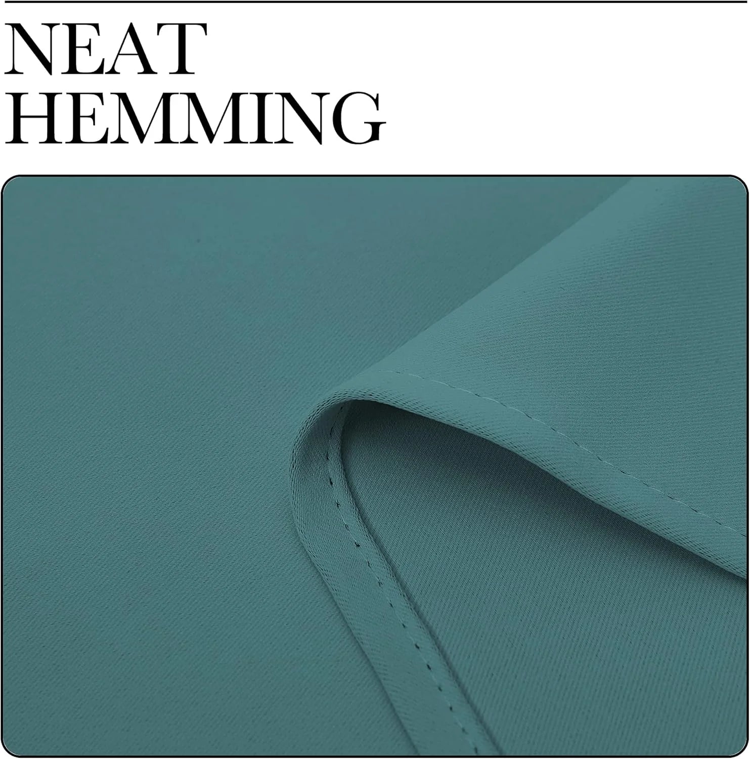 Close-up of aqua fabric with neat hemmed edge and visible stitching detail