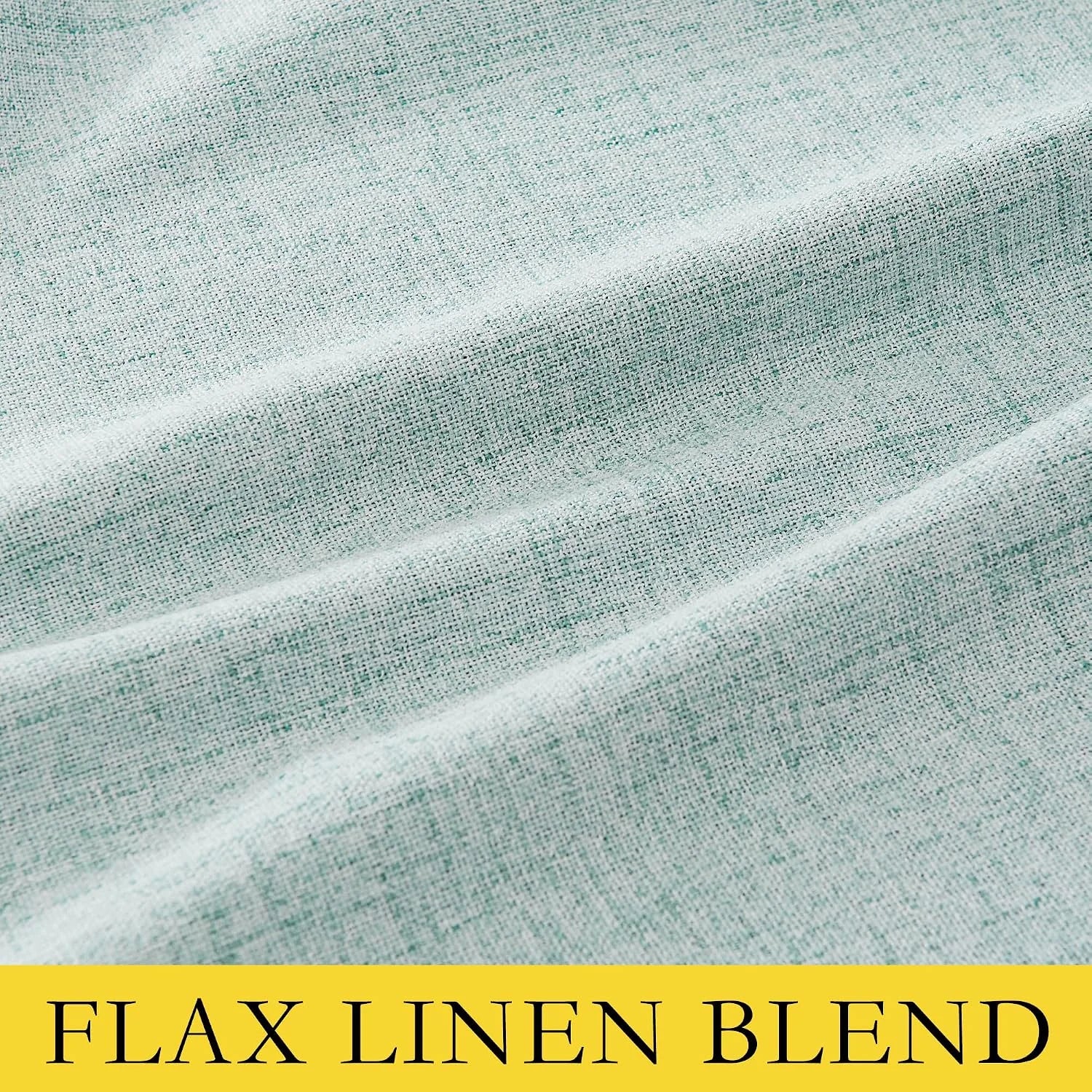 Close-up of soft aqua flax linen blend fabric with visible woven texture and folds