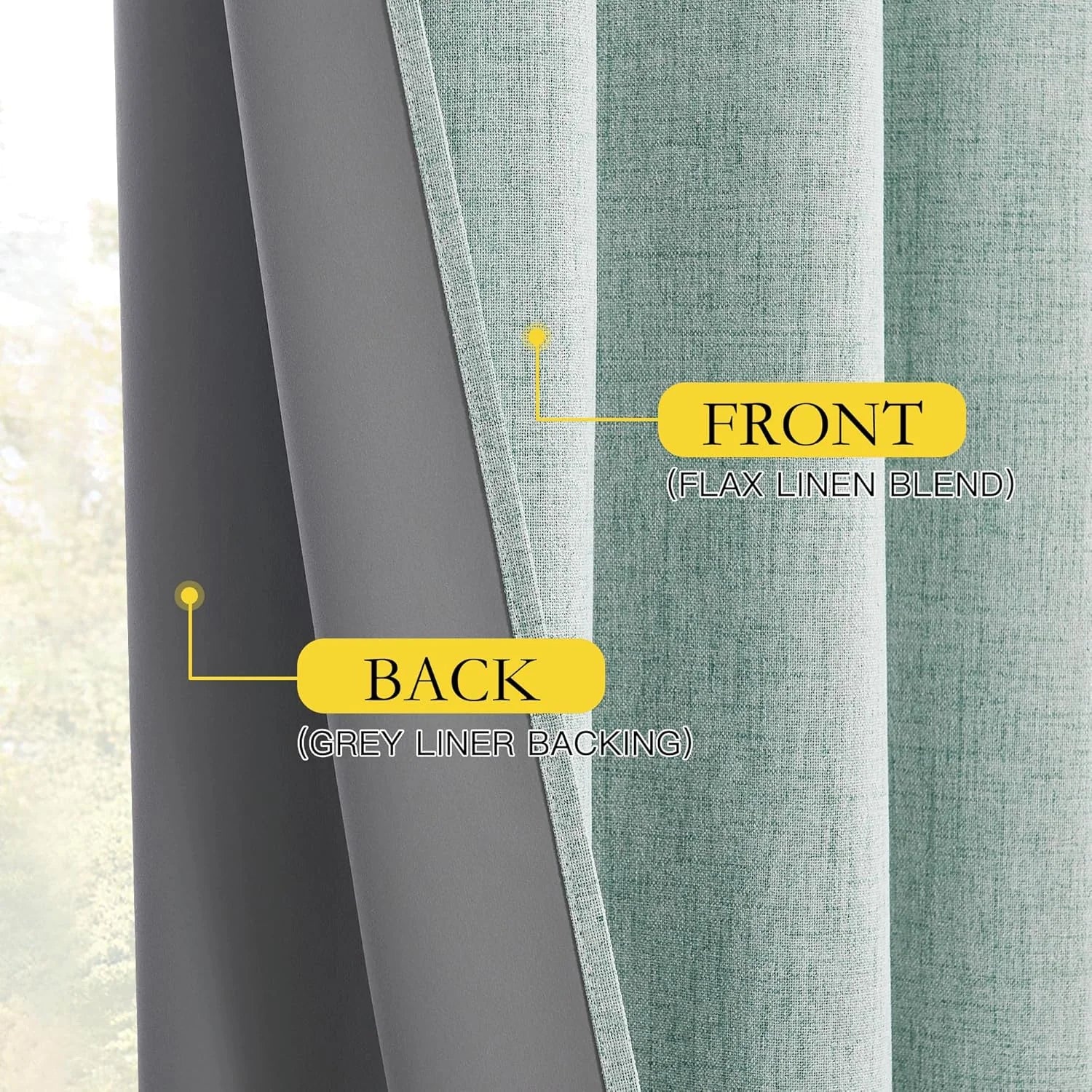 Close-up of aqua flax linen blend curtain with gray blackout liner backing