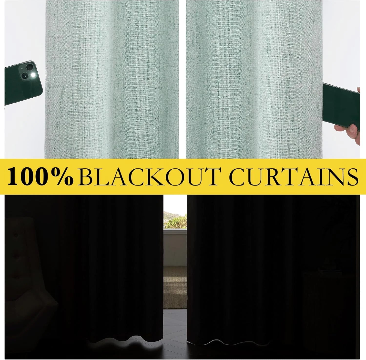 Light aqua textured blackout curtains shown blocking phone flash and daylight in a room