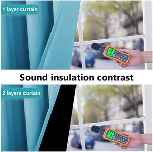 Aqua blue multi-layer soundproof curtains demonstrating outdoor noise reduction with a decibel meter.