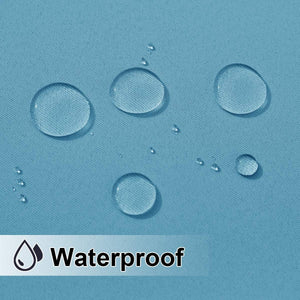 Close-up of aqua waterproof fabric with clear water droplets beading on the surface, showcasing water resistance.