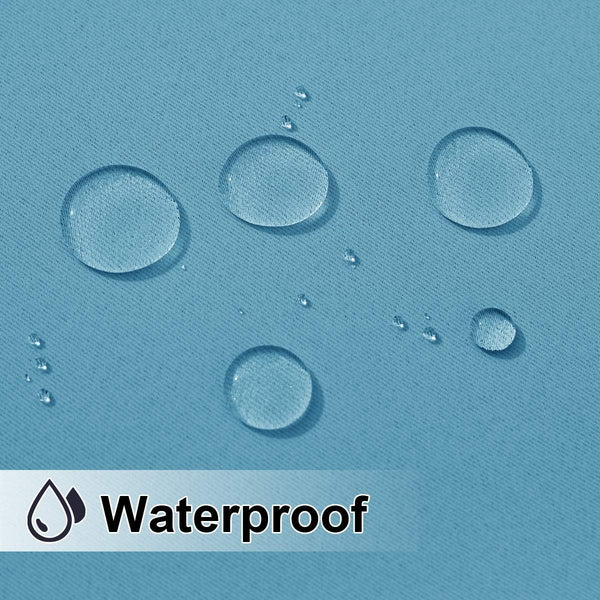 Close-up of aqua waterproof fabric with clear water droplets beading on the surface, showcasing water resistance.