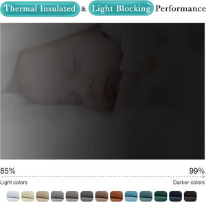 Baby sleeping soundly in a dark room, showcasing light-blocking and thermal insulated curtains.