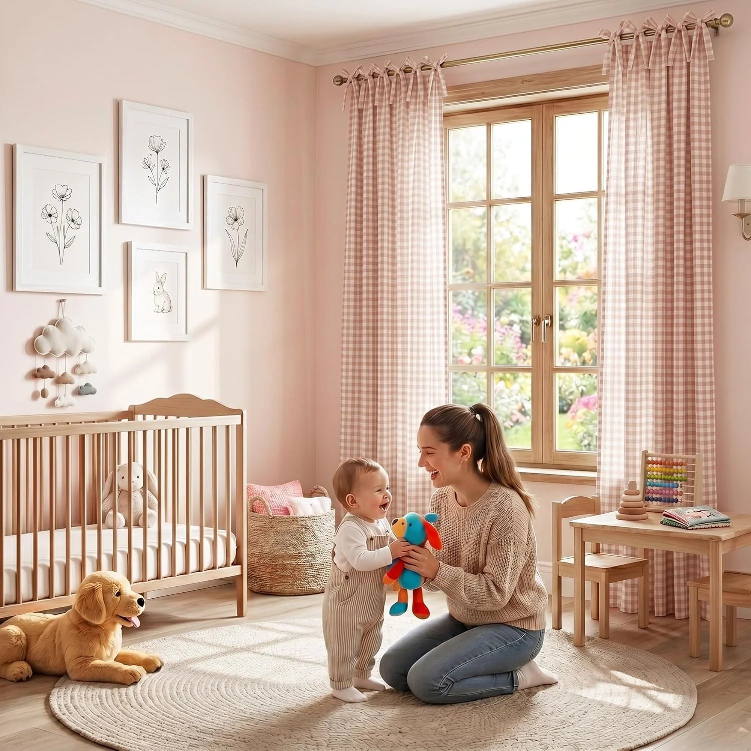 Happy mother and baby playing in a warm pink nursery with wooden crib and plaid curtains.