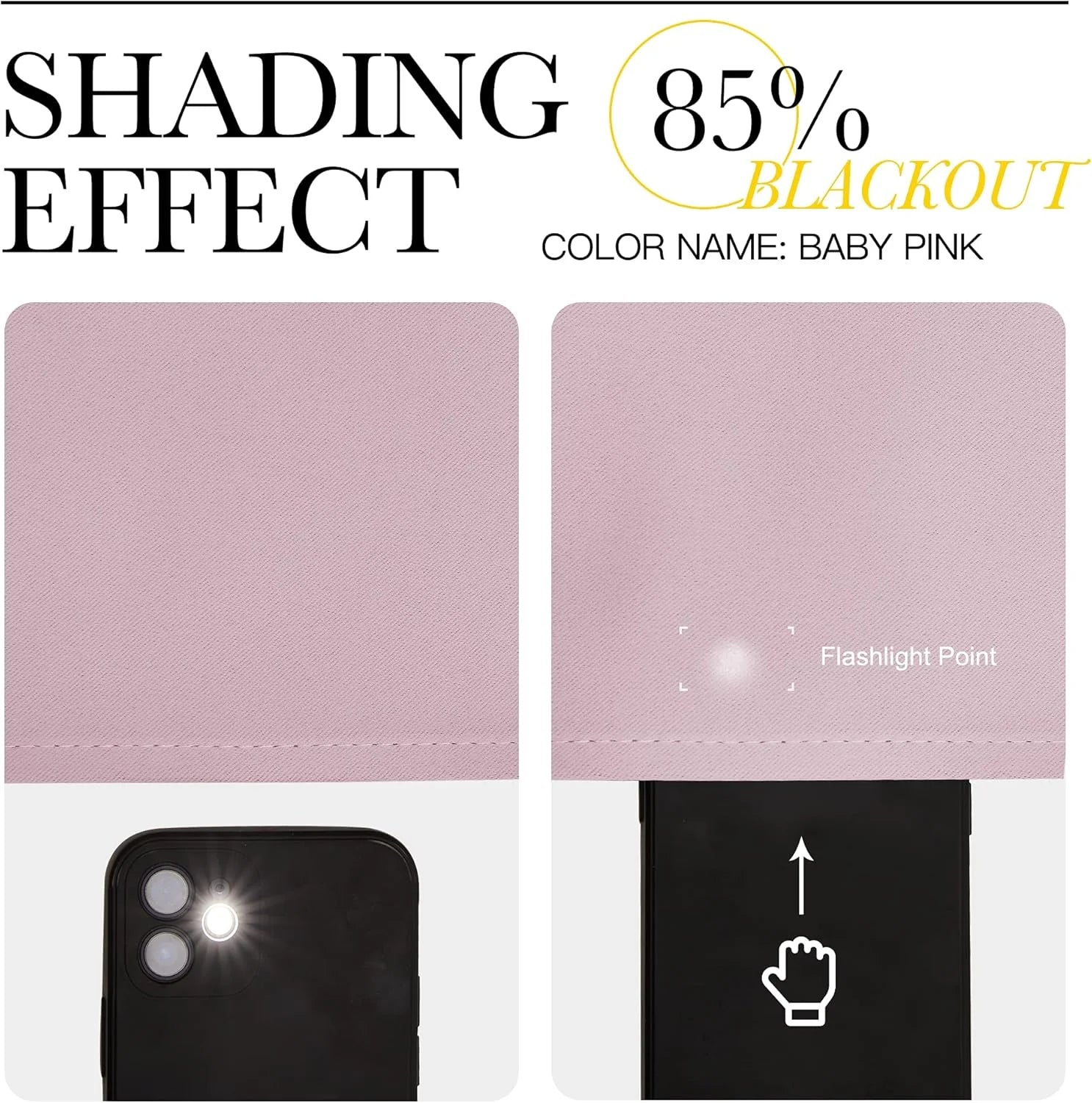 Baby pink blackout curtain fabric sample showing 85% shading effect with flashlight test