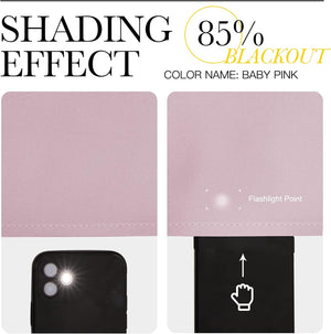 Baby pink textured fabric swatch demonstrating 85% blackout effect. A flashlight shines through to show its shading capability.