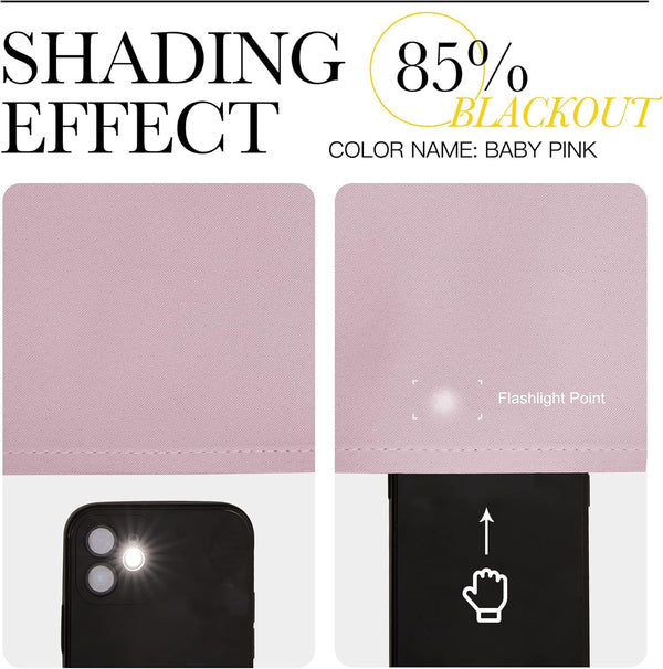Baby pink textured fabric swatch demonstrating 85% blackout effect. A flashlight shines through to show its shading capability.