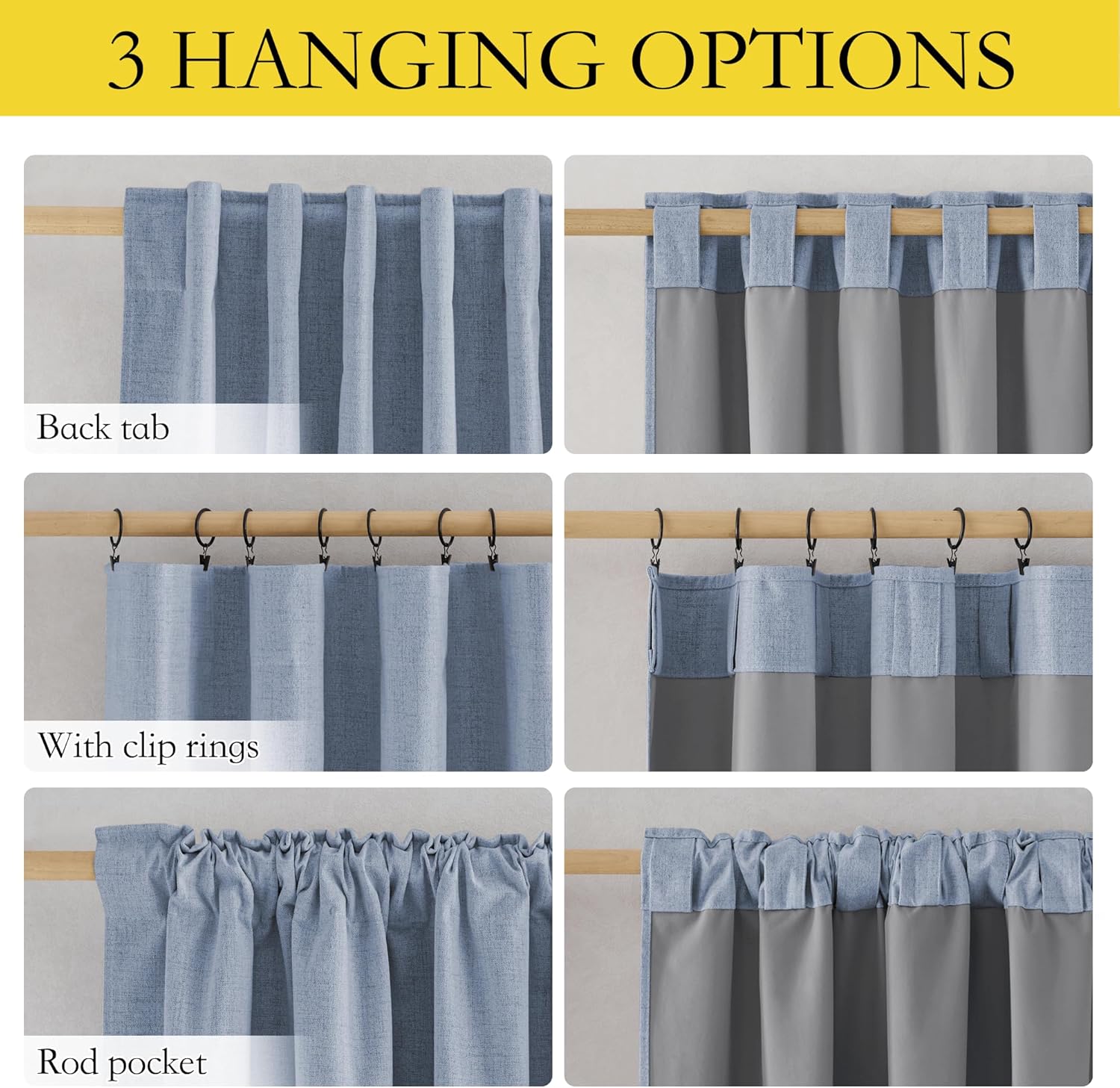 Light blue textured curtain with grey lining, showing back tab, clip ring, and rod pocket hanging styles.