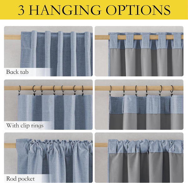 Light blue textured curtain with grey lining, showing back tab, clip ring, and rod pocket hanging styles.