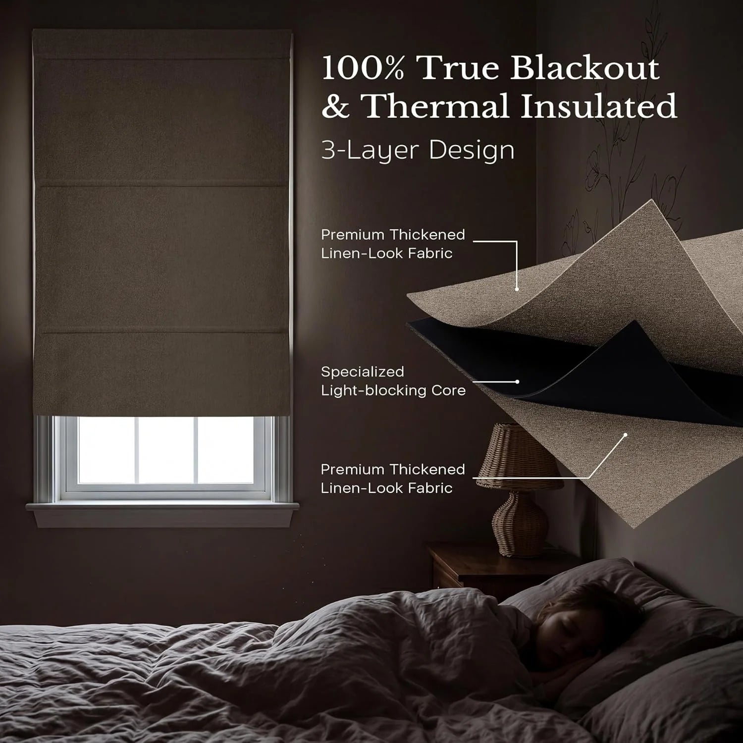 Brown linen-look blackout roman shade covering a bedroom window, with a sleeping child and a layered fabric diagram.