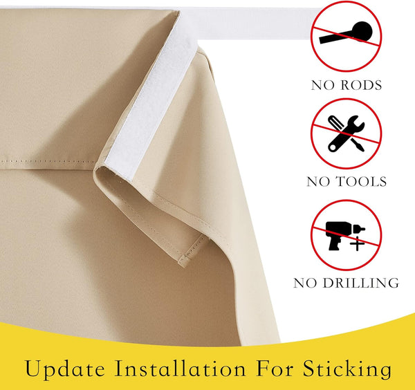 Close-up of beige fabric curtain with white hook-and-loop adhesive strip for no-drill installation.