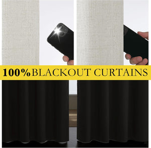 100% blackout curtains: beige textured fabric blocks phone flash, black curtain fully darkens window.