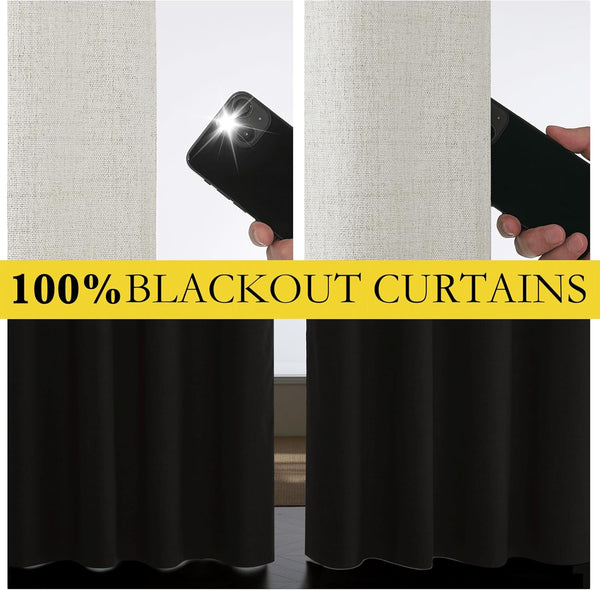 100% blackout curtains: beige textured fabric blocks phone flash, black curtain fully darkens window.