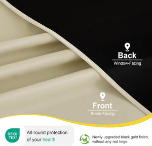 Close-up shows cream room-facing fabric front and black gold blackout window-facing back layer.