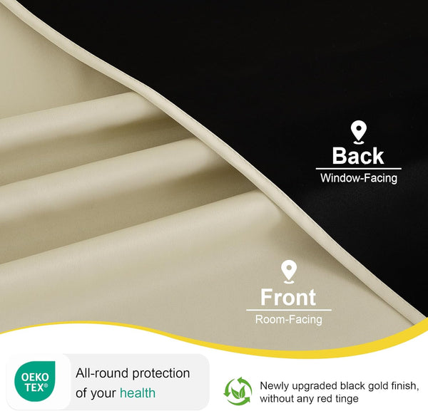 Close-up shows cream room-facing fabric front and black gold blackout window-facing back layer.