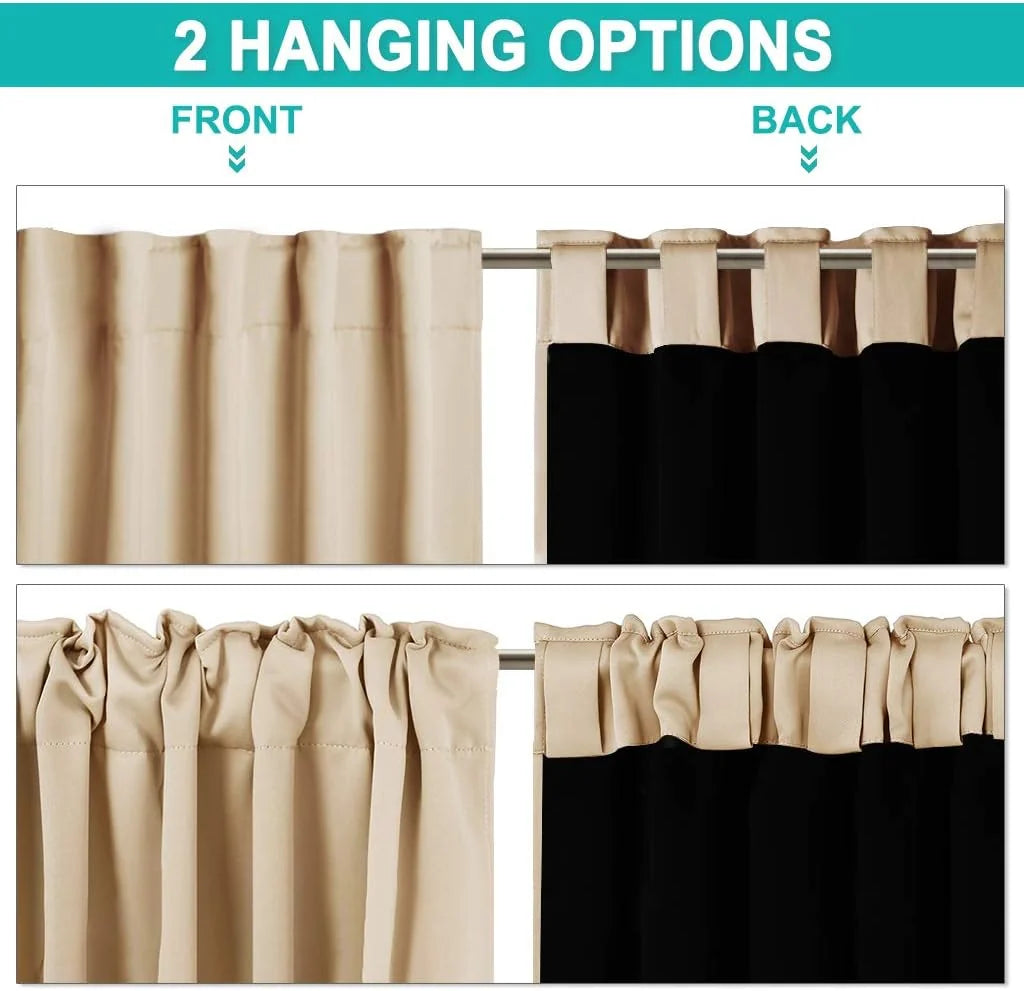Beige and black curtains showing front and back rod pocket hanging options