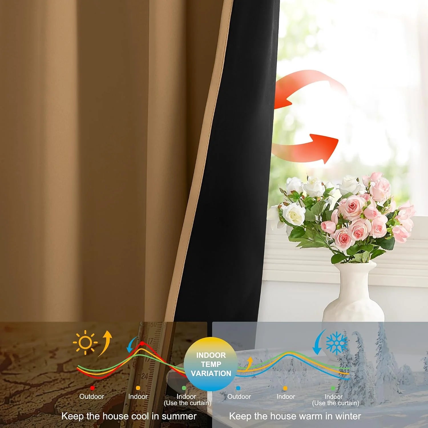 Beige and black thermal blackout curtain beside a bright window with flowers