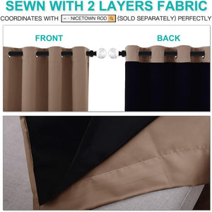 Beige grommet-top curtain displaying its black two-layer blackout fabric from front and back views.
