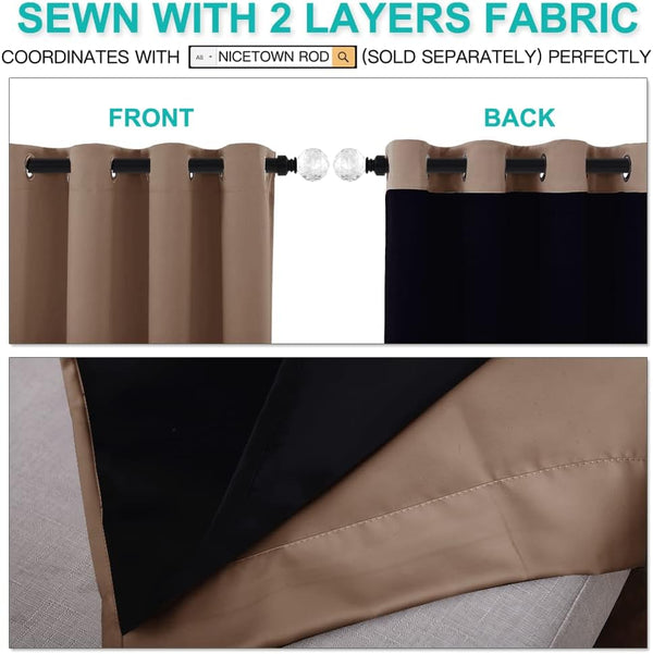 Beige grommet-top curtain displaying its black two-layer blackout fabric from front and back views.