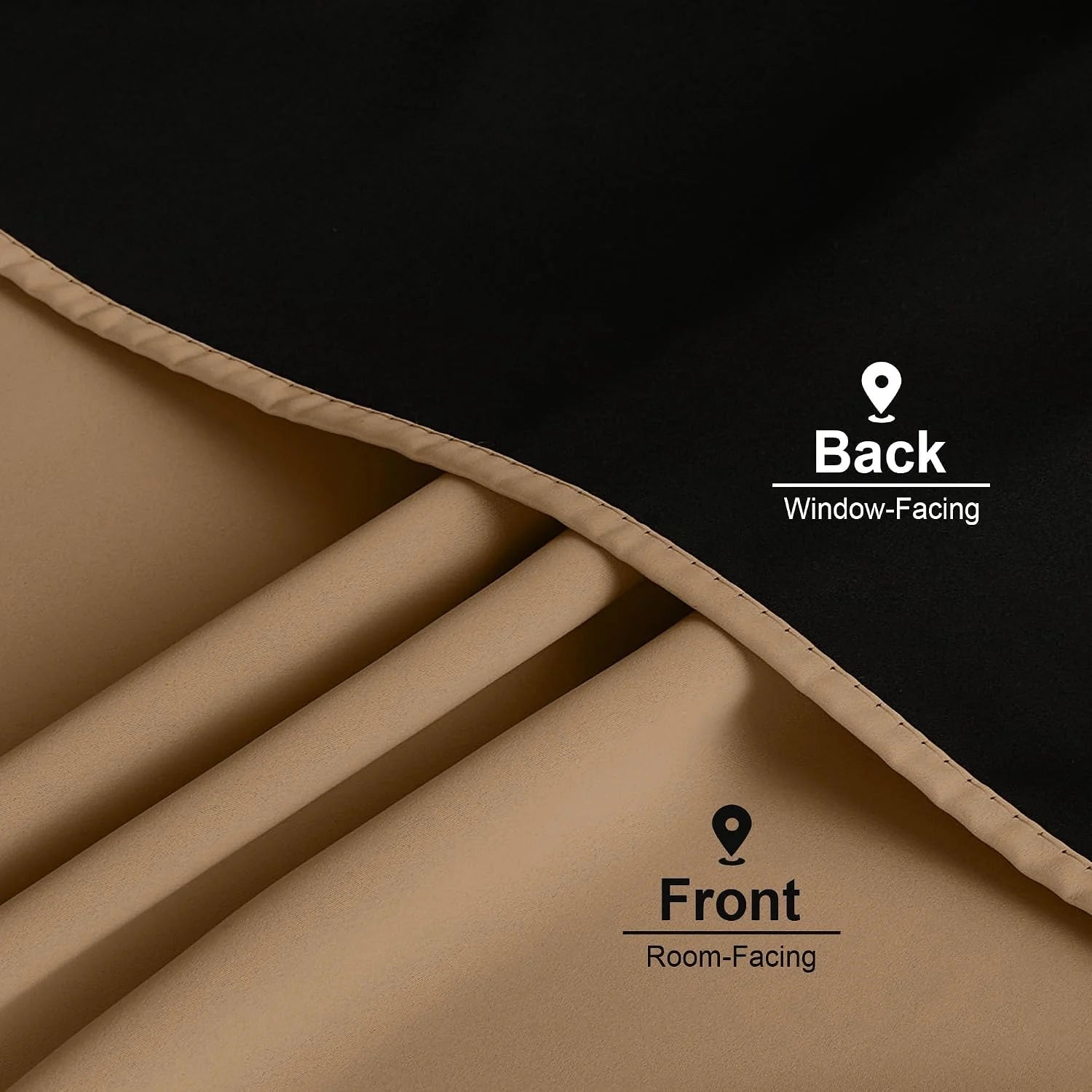 Beige blackout curtain fabric with black window-facing backing shown in close-up