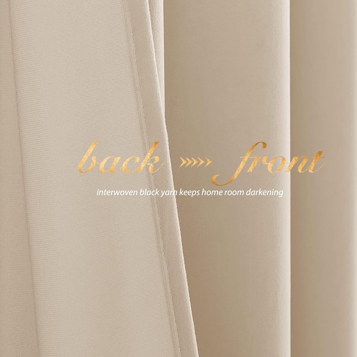 Close-up of beige blackout curtain fabric, highlighting textured back with interwoven black yarn.