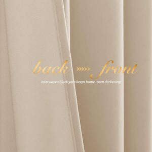 Close-up of beige blackout curtain fabric, highlighting textured back with interwoven black yarn.