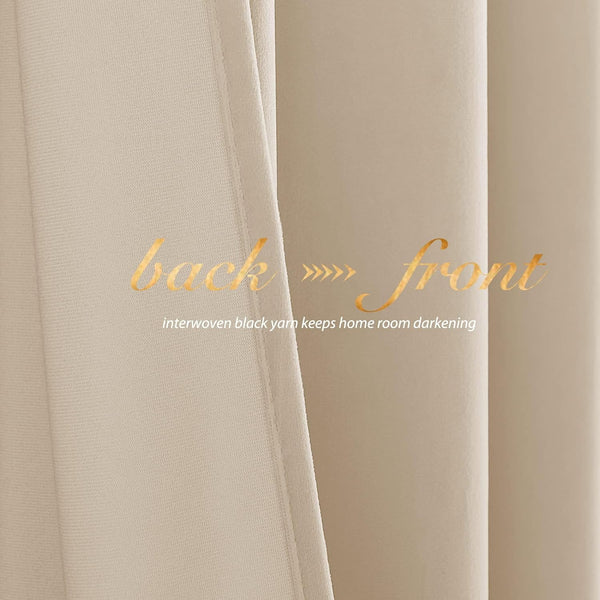 Close-up of beige blackout curtain fabric, highlighting textured back with interwoven black yarn.