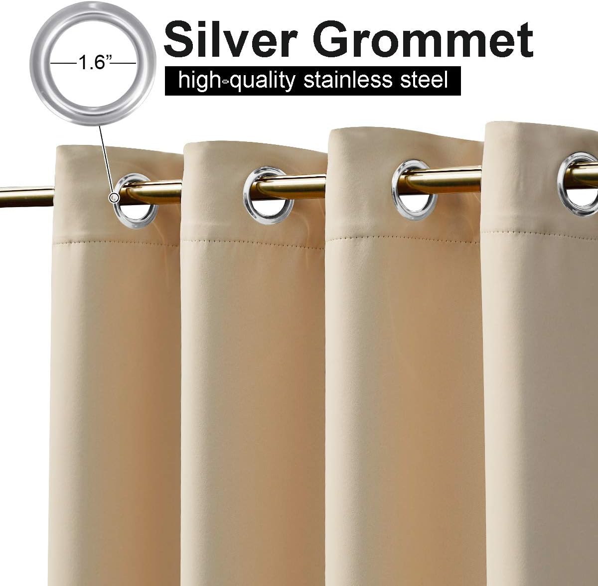 Close-up of beige blackout curtain panels with silver 1.6-inch stainless steel grommets on a gold rod.