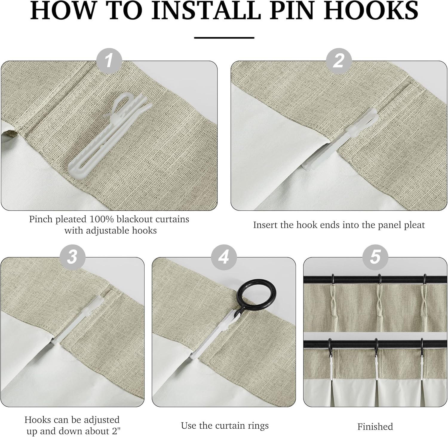 Guide for installing pin hooks on beige pinch-pleated blackout curtains, showing hanging with rings.