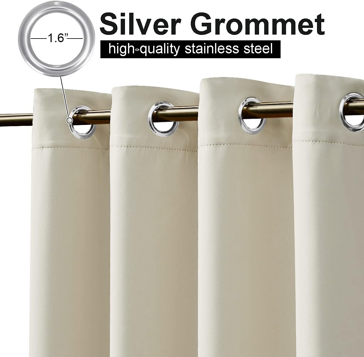 Close-up of beige blackout curtains with silver 1.6 inch stainless steel grommets on a gold curtain rod.