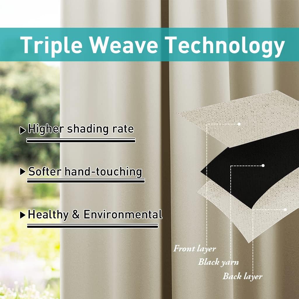 Light beige triple weave blackout curtains, showing layered fabric construction with black yarn.