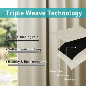 Light beige triple weave blackout curtains, showing layered fabric construction with black yarn.