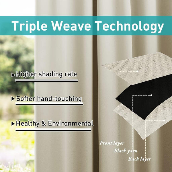 Light beige triple weave blackout curtains, showing layered fabric construction with black yarn.