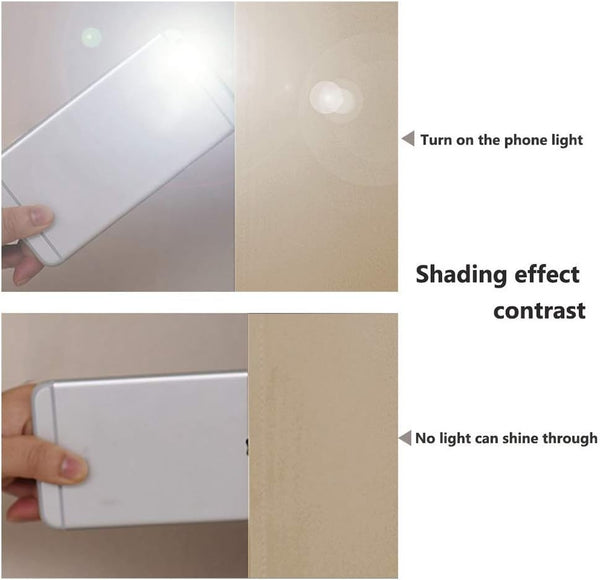Beige blackout fabric light-blocking test, showing complete shade against bright phone flashlight.